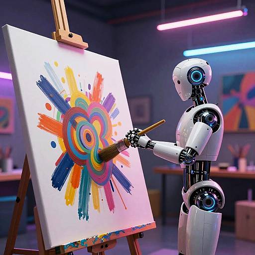 Photograph of a white humanoid robot painting a vibrant abstract heart with neon colors on an easel in a modern, lit studio.