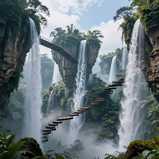 Photorealistic CGI of a lush, tropical waterfall canyon with cascading waterfalls, a cantilevered wooden staircase, and dense greenery.