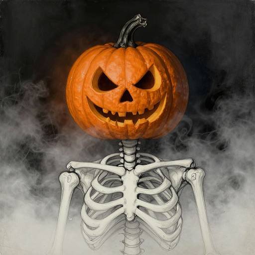 Digital artwork of a glowing orange jack-o'-lantern with sharp, menacing eyes and teeth, atop a skeletal frame, set against a dark, sm