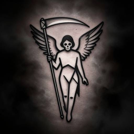 Black and white tattoo-style drawing of a winged angel with a skeletal face holding a scythe, standing on a glowing, dark background.