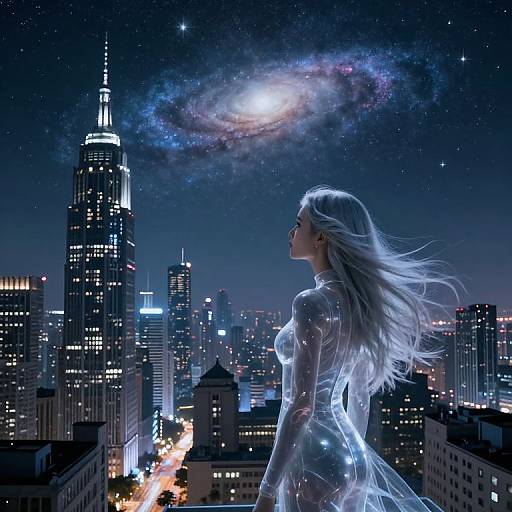 Digital artwork of a silver-haired woman in a glowing, transparent dress, gazing at a galaxy over a neon-lit cityscape.