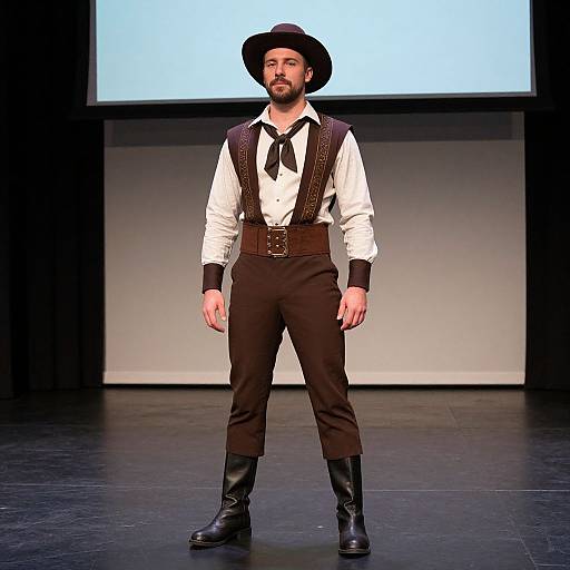 Photograph of a bearded man with a black hat, white shirt, black necktie, brown vest, black pants, and boots, standing confidently