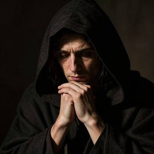 Photograph of a pensive, dark-hooded man with pale skin, clasped hands, and shadowed face against a black background.