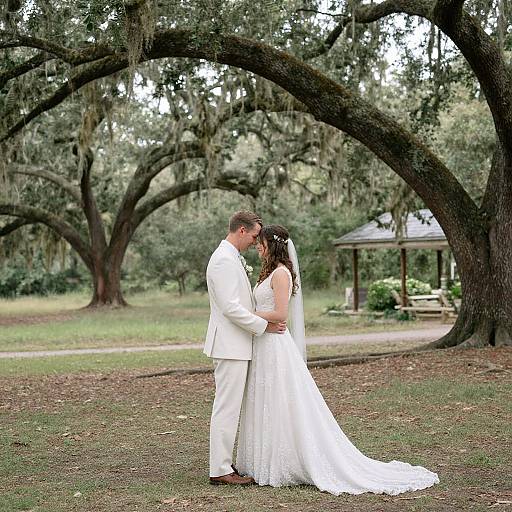 Photograph of a bride and groom kissing in a lush, tree-filled park. The bride wears a white lace dress and veil, the groom a white