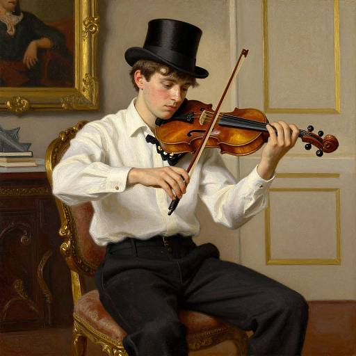 Photograph of a young man in a white shirt, black bow tie, and top hat playing a violin in a Victorian-style room.