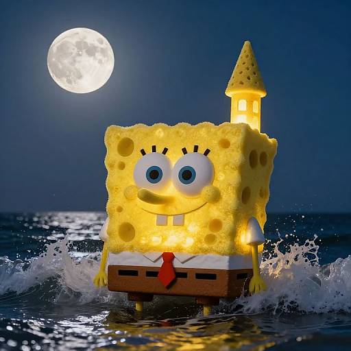 Luminous Sponge Castle Under Moonlight