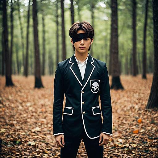 Young Man in Anime-Inspired Costume with Eyepatch in Forest