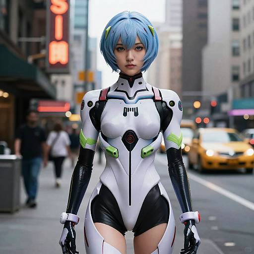 Photograph of an anime-style woman with blue hair, wearing a tight, white, black, and green futuristic bodysuit, standing on a busy