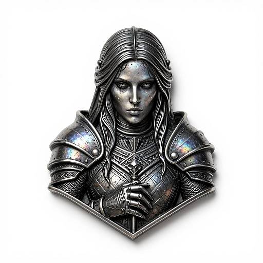 Digital artwork of a stern, armored warrior with long, flowing hair, wearing intricate, reflective metal armor, depicted in grayscale with hints of blue and red