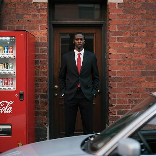 Stylish Man in Doorway with Vintage Vending Machine