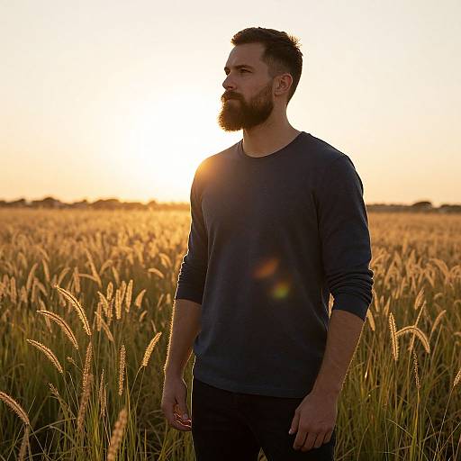 Photograph of a bearded man with short dark hair, wearing a navy long-sleeve shirt, standing in a golden wheat field at sunset,
