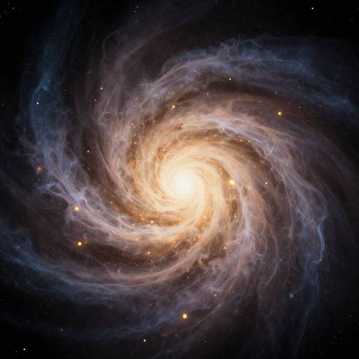 Photograph of a spiral galaxy with a bright, glowing center, surrounded by swirling, wispy arms of gas and stars in a dark, star-spe