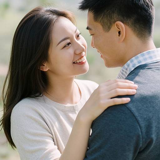 Photograph of an Asian couple smiling at each other, the woman with long black hair in a white sweater, the man with short black hair in a