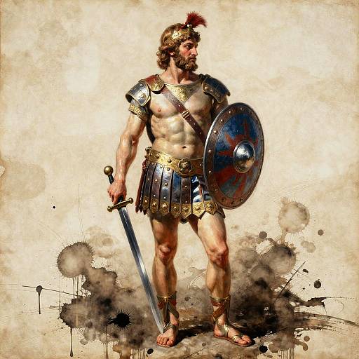 Digital artwork of a muscular, bearded ancient Greek warrior with bronze armor, gold accents, sword, and round shield, standing on splattered background.