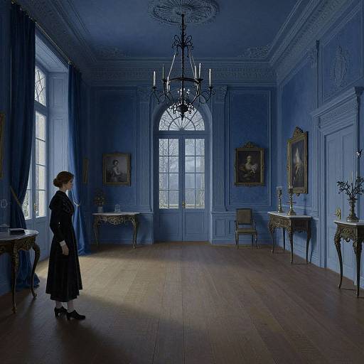 Photograph of a blue-tinted, elegant Victorian room with wooden floors, large arched window, chandelier, and a woman in a black
