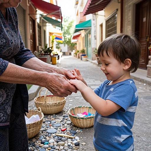 Photograph of an older woman with wrinkled hands gently holding a young boy's hands in a cobblestone street, surrounded by baskets and pebb