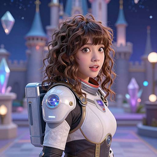 Digital art of a curly-haired Asian woman in futuristic armor, standing in a magical, nighttime castle with glowing crystals.