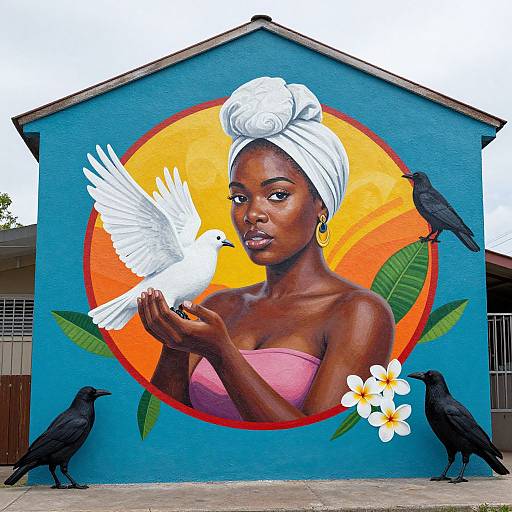 Vibrant mural of a dark-skinned woman with white headwrap, pink strapless top, holding white dove, surrounded by black crows,