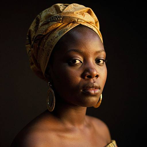 Photograph of a dark-skinned African woman with a yellow headwrap, large hoop earrings, and bare shoulders, against a black background.
