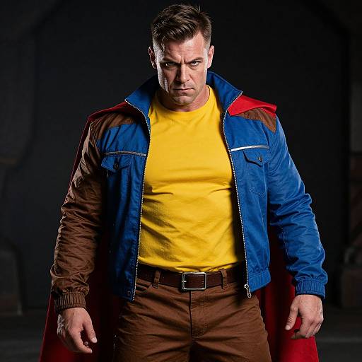 Photograph of a muscular man with short brown hair, wearing a yellow shirt, blue and brown jacket, red cape, and brown pants, looking determined
