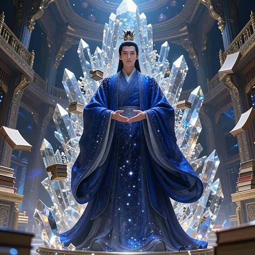 Digital artwork of a regal Asian man in a blue, star-embellished robe, standing before a radiant, crystal throne in a grand,