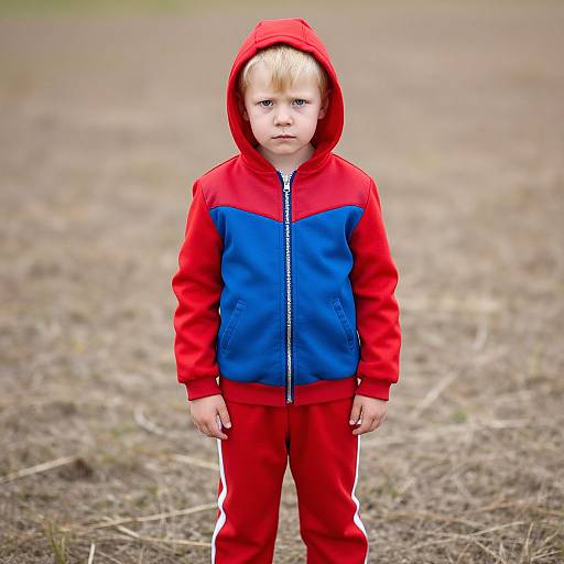 Photograph of a blonde-haired, blue-eyed young boy in a red and blue hooded jacket and red pants, standing in a barren field.