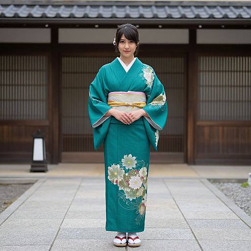 Photograph of a Japanese woman in a teal kimono with floral patterns, yellow obi, standing in front of traditional wooden shoji screens.