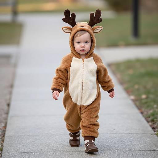 Photograph of a baby in a brown and cream reindeer costume with antlers, walking on a concrete sidewalk in a blurred suburban park.