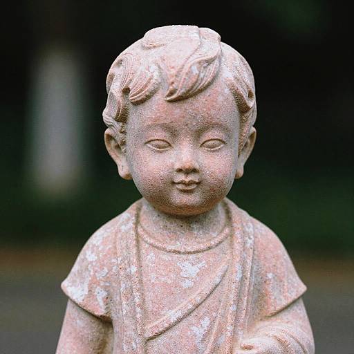 Photograph of a weathered stone statue of a smiling, young boy with short, wavy hair, wearing a simple, short-sleeved shirt