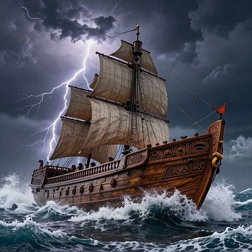 Digital artwork of a wooden ship with intricate carvings, lightning-struck sails, and turbulent waves under a stormy, dark sky.