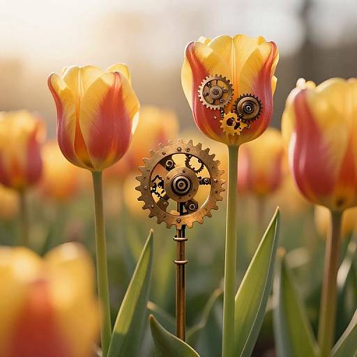 Photograph of vibrant orange and yellow tulips with intricate mechanical gears embedded in their stems, set against a sunlit field.