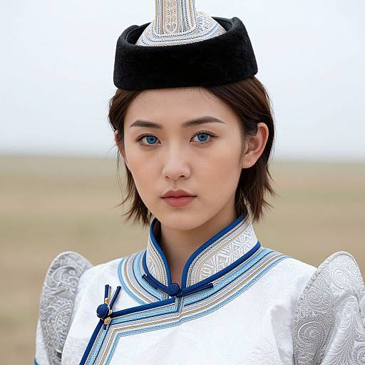 Photograph of a young Asian woman with short brown hair, blue eyes, wearing an ornate white and blue traditional dress and black hat, standing against