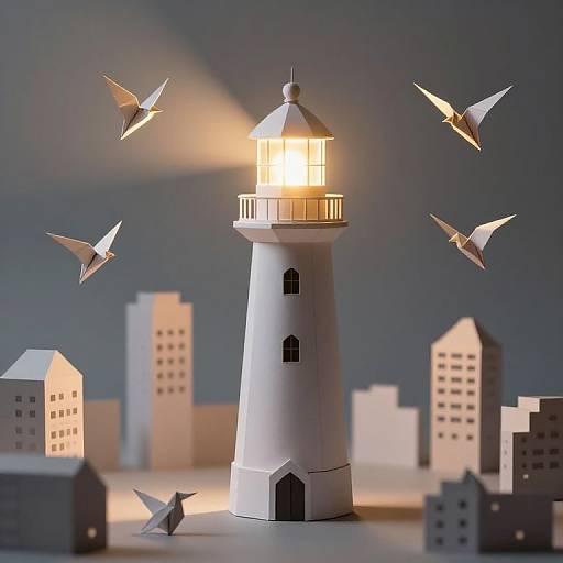 Photograph of a white paper lighthouse with glowing light, surrounded by paper birds flying, and blurred paper buildings in the background.