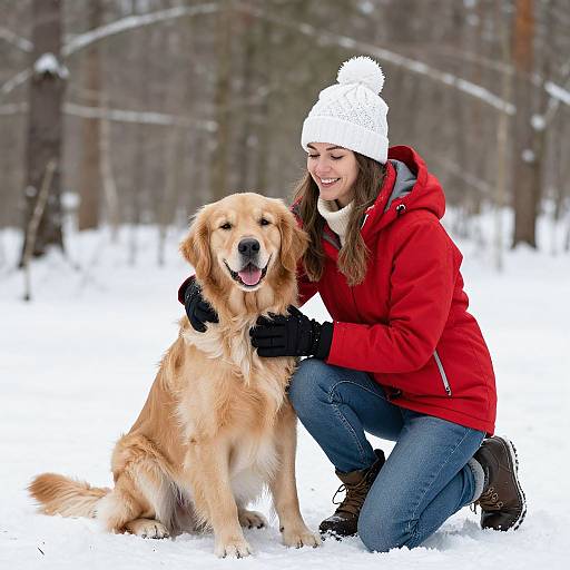 Photograph of a smiling woman in a red jacket and white knit hat kneeling in snowy forest, petting a golden retriever.
