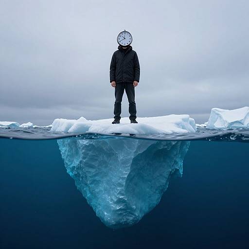 Photograph of a child in a black winter jacket and mask standing on an iceberg, with a massive underwater iceberg below, under a cloudy, overcast