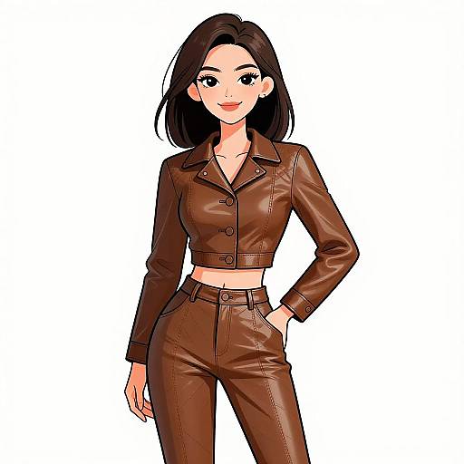 Digital anime-style drawing of a confident woman with straight black hair, brown leather jacket, and pants, standing against a white background.