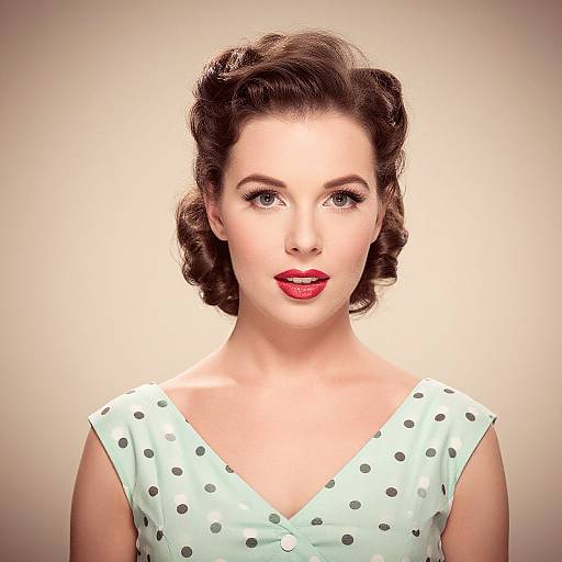 Vintage-style photograph of a fair-skinned woman with dark brown, wavy 1940s hair, wearing a white polka dot dress and bright