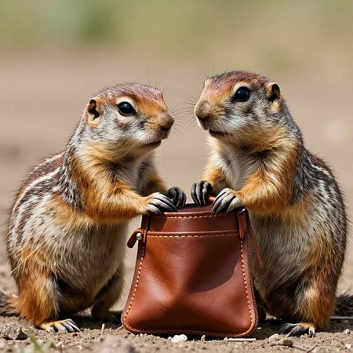 Photograph of two chipmunks standing on dirt, holding a small brown leather pouch together with their paws. Blurred green background.