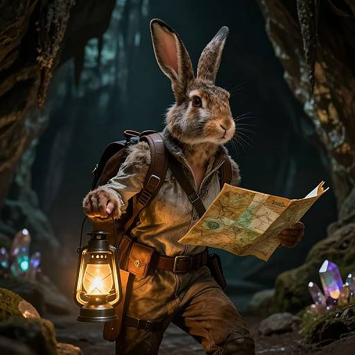 Photorealistic CGI of anthropomorphic rabbit adventurer in forest, holding lantern, map, and backpack, surrounded by glowing crystals, wearing explorer outfit.