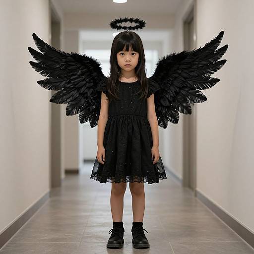 Photograph of an Asian girl with black angel wings, halo, and dress, standing in a white hallway, wearing black boots.
