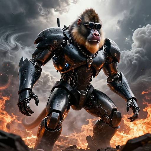 Cybernetic monkey warrior with armored body, sunglasses, and a fierce expression stands amidst flames and a dramatic, cloudy sky. Digital art.