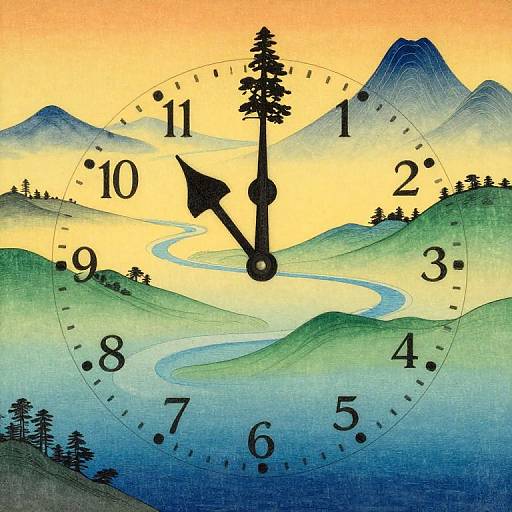 Digital artwork of a clock with mountain landscape background, featuring a winding river, pine trees, and gradient sunset sky.
