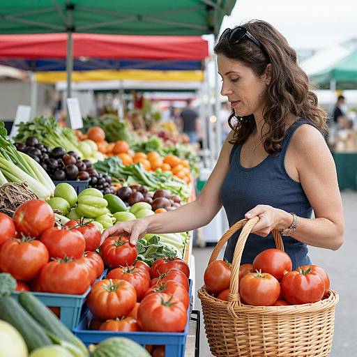Photograph of a brunette woman in a blue tank top, selecting red tomatoes in a colorful farmers' market with green and red tents. She holds a