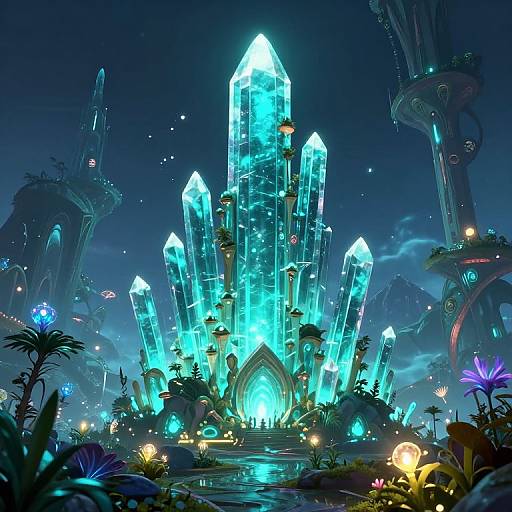 Digital fantasy artwork of a glowing, crystalline crystal tower surrounded by vibrant blue and purple flora, under a starry night sky.