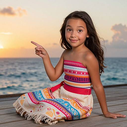 Photograph of a young girl with dark hair, brown skin, wearing a colorful, strapless, patterned dress, pointing, sitting on a wooden