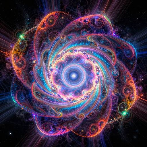 Digital artwork of a vibrant, swirling, multicolored galaxy with glowing, intricate, concentric rings and radiant blue central core, set against a dark