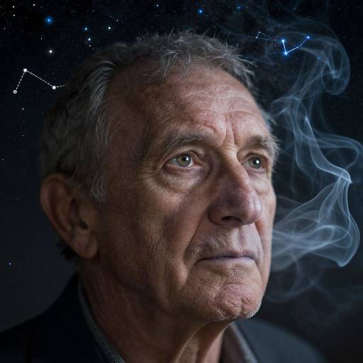 Photograph of an elderly man with gray hair and deep wrinkles, blue eyes, surrounded by wispy smoke and a starry night sky with constell
