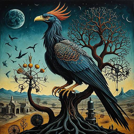 Surreal Phoenix on Mechanical Tree
