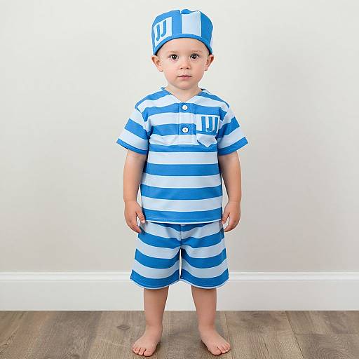 Photograph of a young boy with fair skin, blue eyes, and short brown hair, wearing a blue and white striped sailor outfit and matching hat,