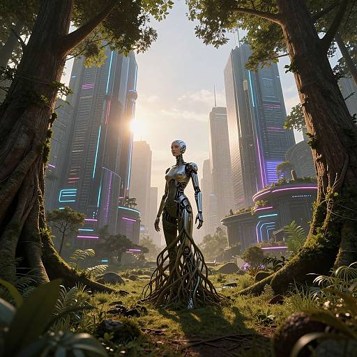 Photorealistic CGI: Cybernetic woman with metallic body and organic lower half stands in sunlit, futuristic forest, surrounded by glowing skyscrapers